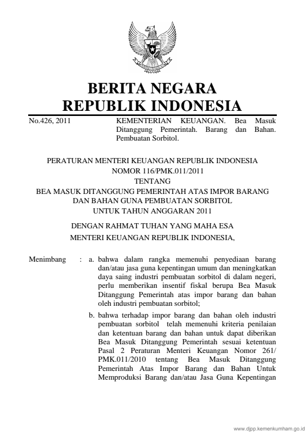 Peraturan Menteri Keuangan Nomor 116/PMK.011/2011