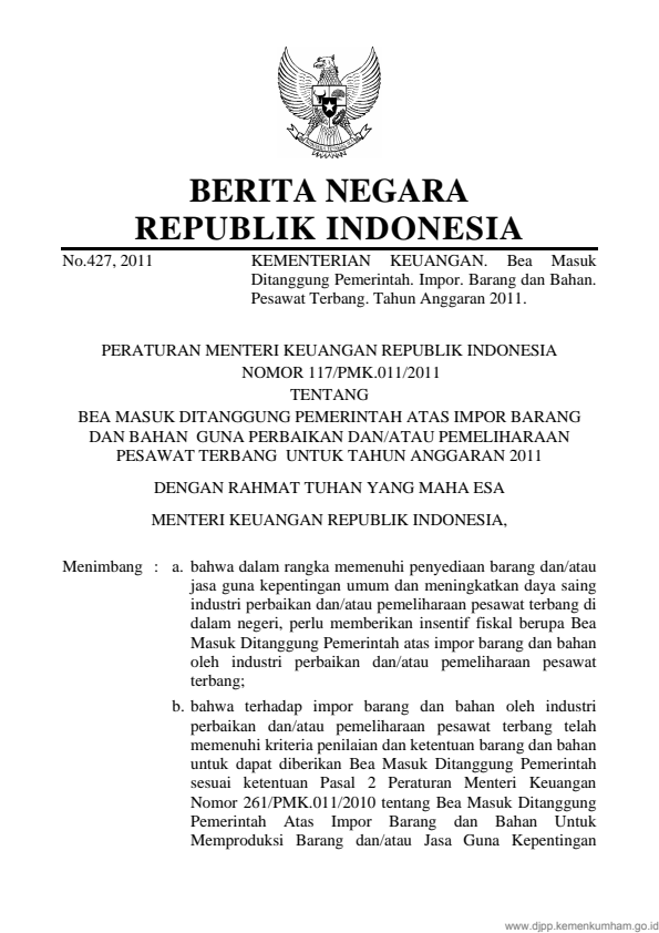 Peraturan Menteri Keuangan Nomor 117/PMK.011/2011