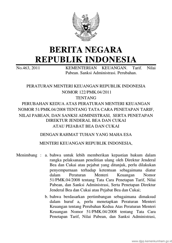 Peraturan Menteri Keuangan Nomor 122/PMK.04/2011