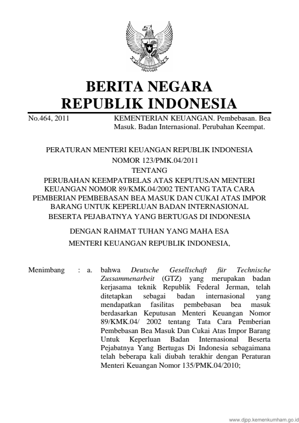 Peraturan Menteri Keuangan Nomor 123/PMK.04/2011