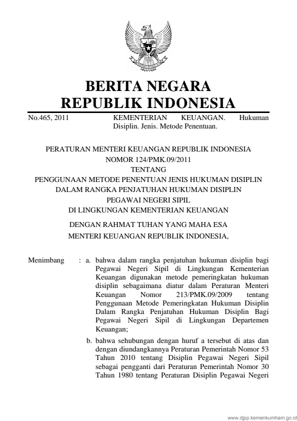 Peraturan Menteri Keuangan Nomor 124/PMK.09/2011