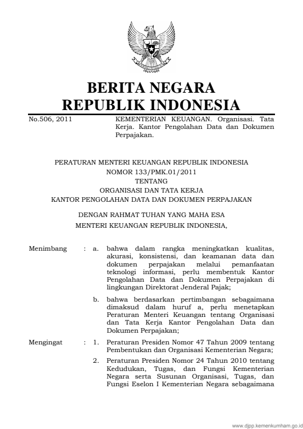 Peraturan Menteri Keuangan Nomor 133/PMK.01/2011