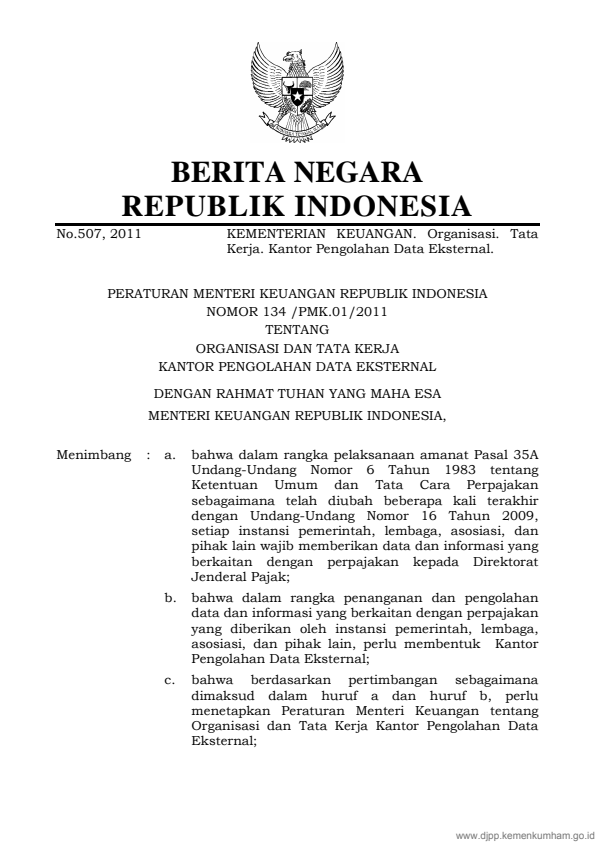 Peraturan Menteri Keuangan Nomor 134/PMK.01/2011