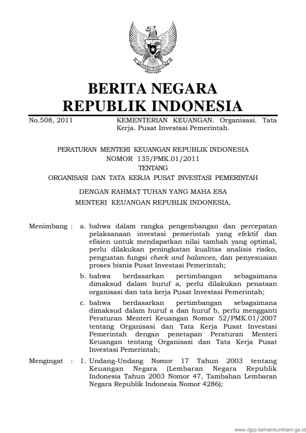 Peraturan Menteri Keuangan Nomor 135/PMK.01/2011