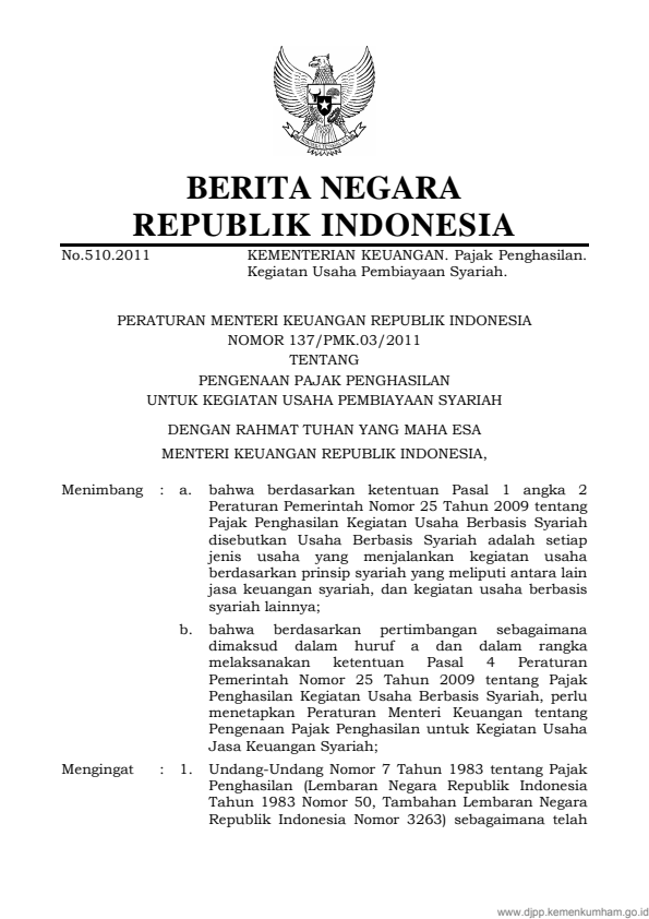 Peraturan Menteri Keuangan Nomor 137/PMK.03/2011