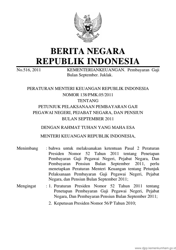 Peraturan Menteri Keuangan Nomor 138/PMK.05/2011