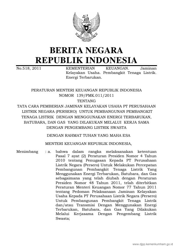 Peraturan Menteri Keuangan Nomor 139/PMK.011/2011