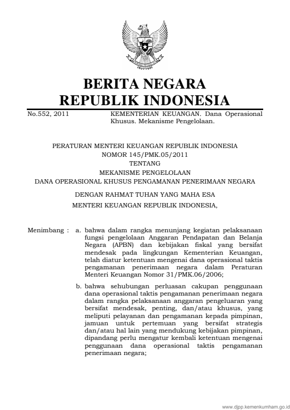 Peraturan Menteri Keuangan Nomor 145/PMK.05/2011