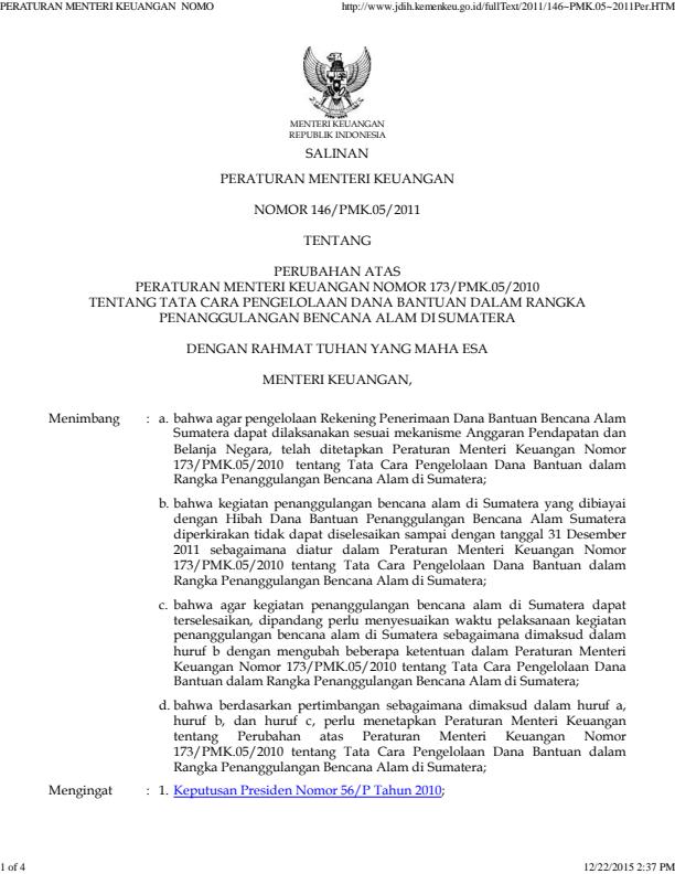 Peraturan Menteri Keuangan Nomor 146/PMK.05/2011