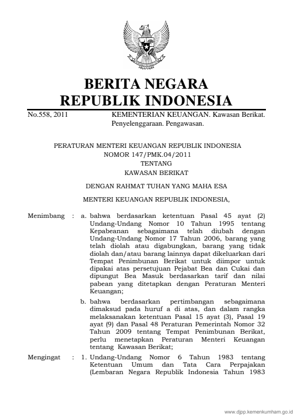 Peraturan Menteri Keuangan Nomor 147/PMK.04/2011