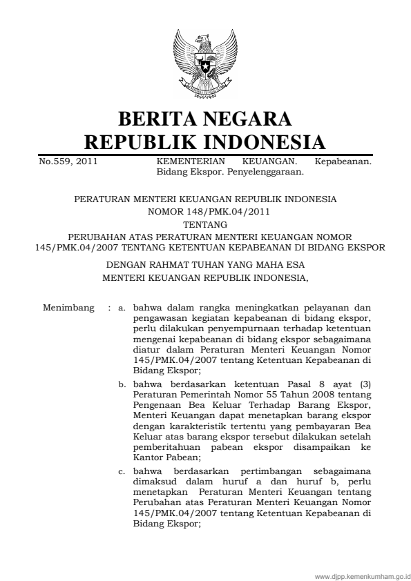 Peraturan Menteri Keuangan Nomor 148/PMK.04/2011