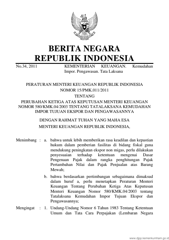 Peraturan Menteri Keuangan Nomor 15/PMK.011/2011