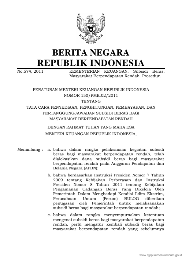 Peraturan Menteri Keuangan Nomor 150/PMK.02/2011