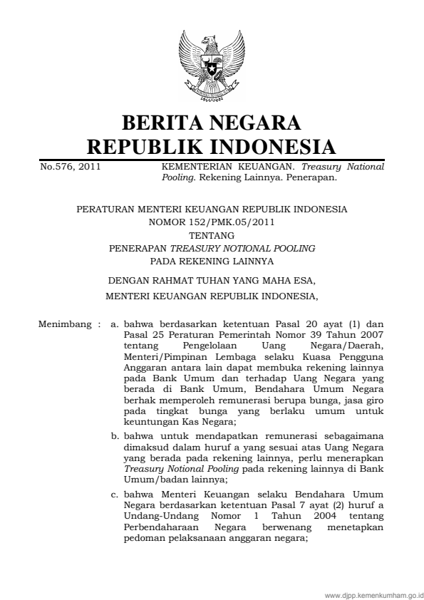 Peraturan Menteri Keuangan Nomor 152/PMK.05/2011