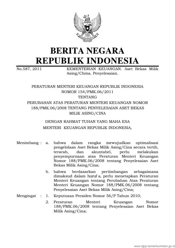 Peraturan Menteri Keuangan Nomor 154/PMK.06/2011