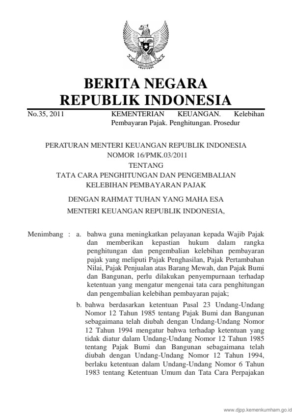 Peraturan Menteri Keuangan Nomor 16/PMK.03/2011