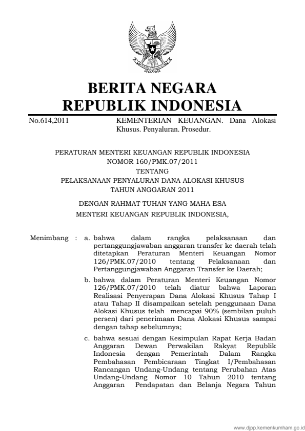 Peraturan Menteri Keuangan Nomor 160/PMK.07/2011