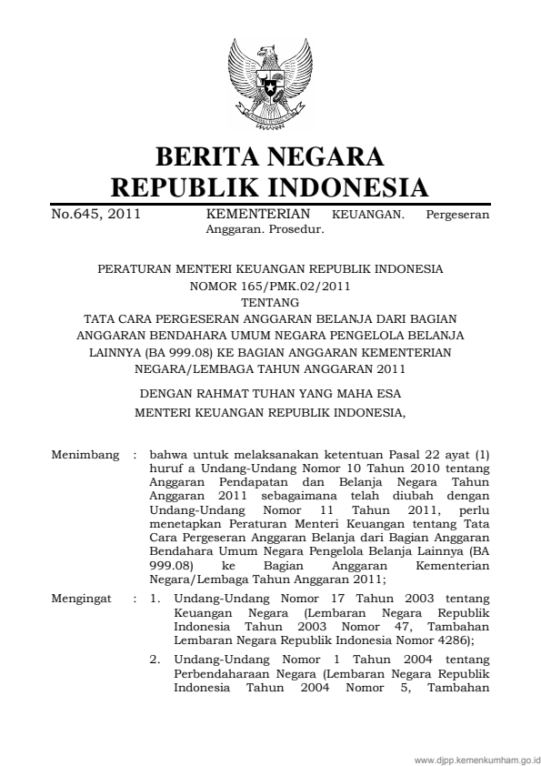 Peraturan Menteri Keuangan Nomor 165/PMK.02/2011