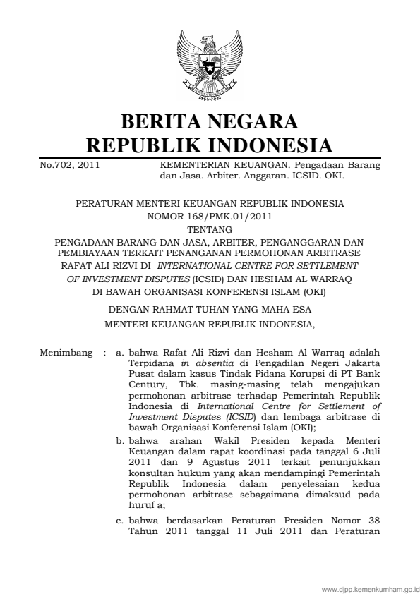 Peraturan Menteri Keuangan Nomor 168/PMK.01/2011