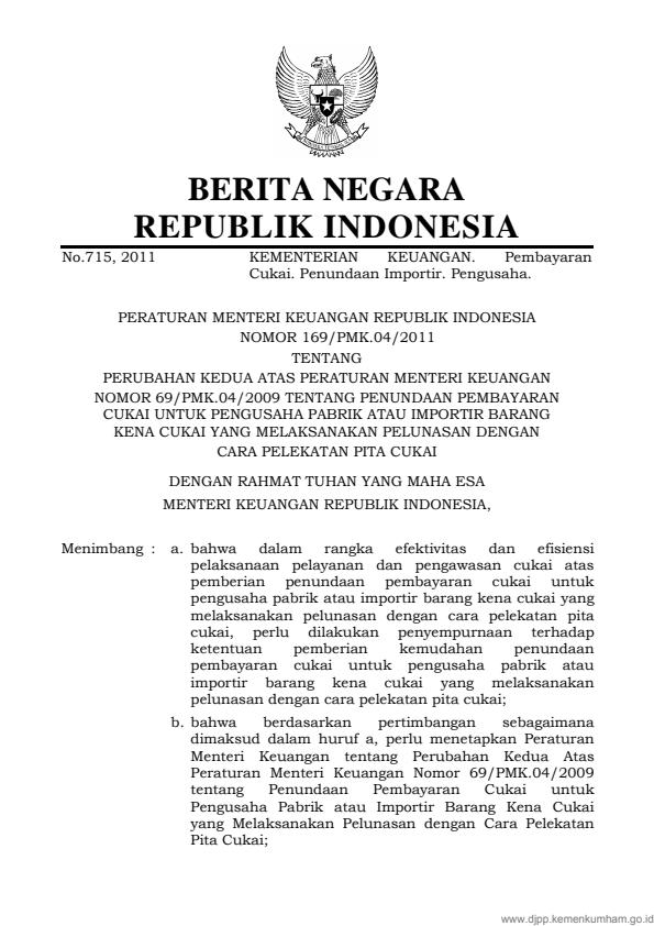 Peraturan Menteri Keuangan Nomor 169/PMK.04/2011