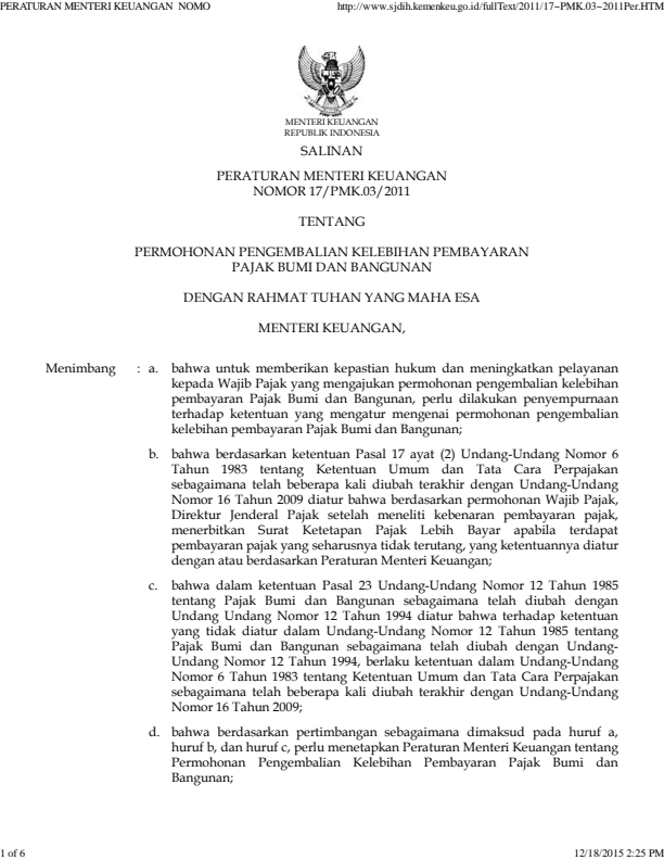 Peraturan Menteri Keuangan Nomor 17/PMK.03/2011