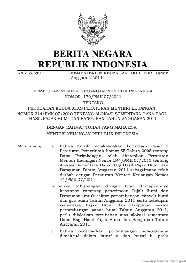 Peraturan Menteri Keuangan Nomor 172/PMK.07/2011