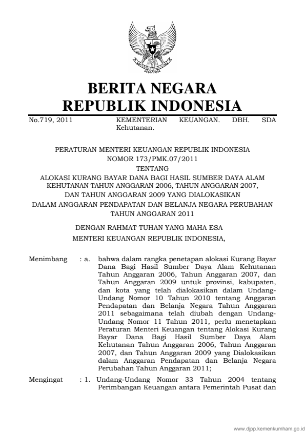 Peraturan Menteri Keuangan Nomor 173/PMK.07/2011