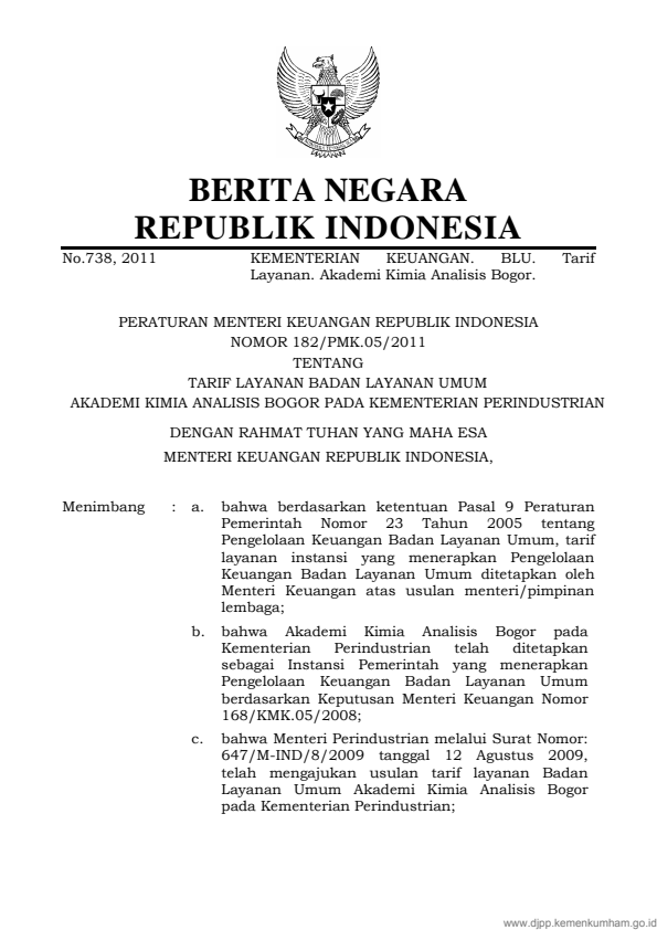 Peraturan Menteri Keuangan Nomor 182/PMK.05/2011