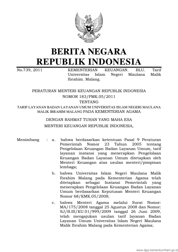 Peraturan Menteri Keuangan Nomor 183/PMK.05/2011