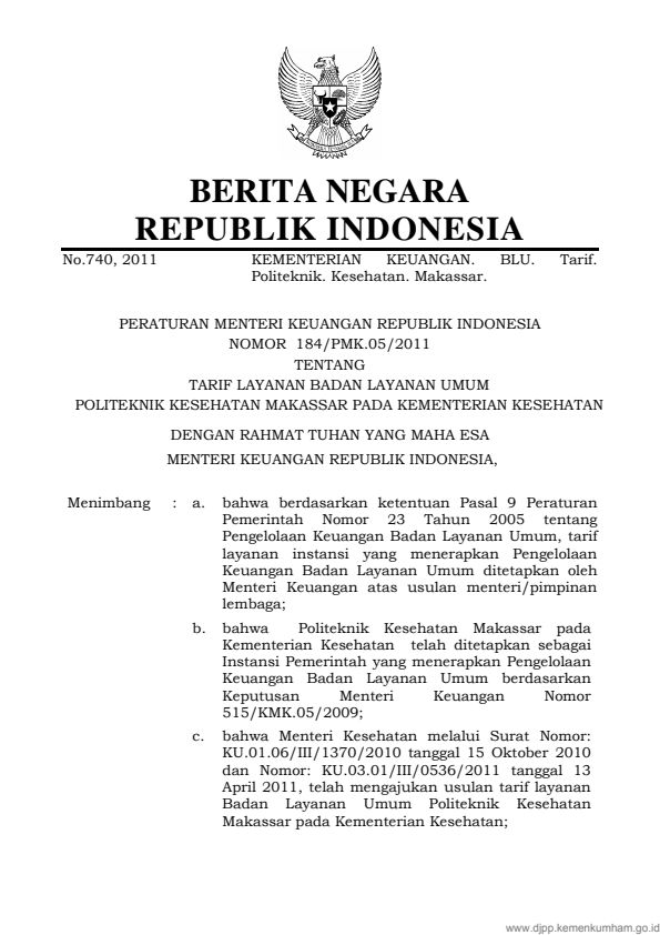 Peraturan Menteri Keuangan Nomor 184/PMK.05/2011