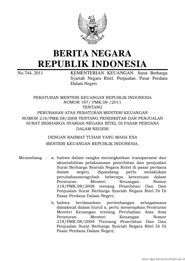 Peraturan Menteri Keuangan Nomor 187/PMK.08/2011