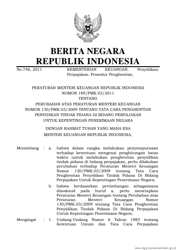 Peraturan Menteri Keuangan Nomor 189/PMK.03/2011
