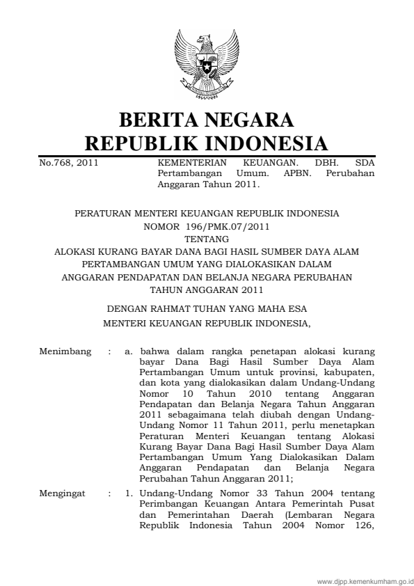 Peraturan Menteri Keuangan Nomor 196/PMK.07/2011