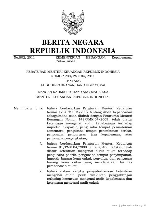 Peraturan Menteri Keuangan Nomor 200/PMK.04/2011