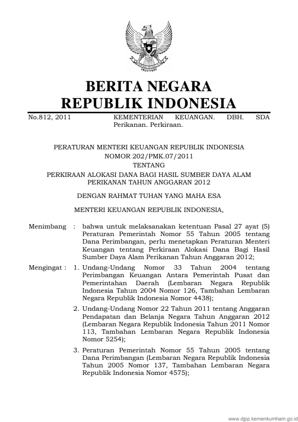 Peraturan Menteri Keuangan Nomor 202/PMK.07/2011