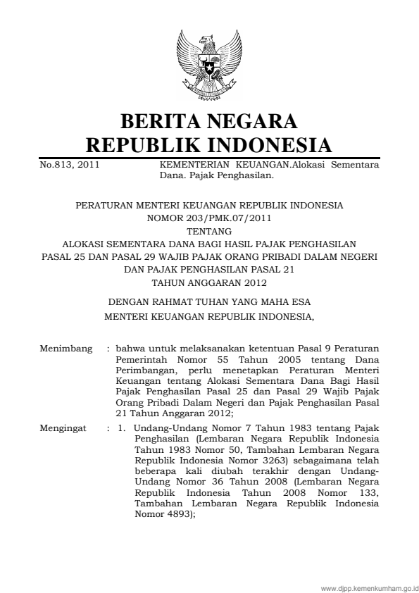 Peraturan Menteri Keuangan Nomor 203/PMK.07/2011