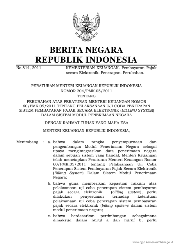 Peraturan Menteri Keuangan Nomor 204/PMK.05/2011