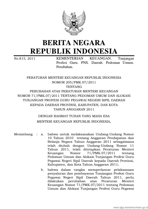 Peraturan Menteri Keuangan Nomor 205/PMK.07/2011