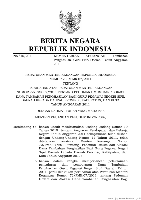 Peraturan Menteri Keuangan Nomor 206/PMK.07/2011