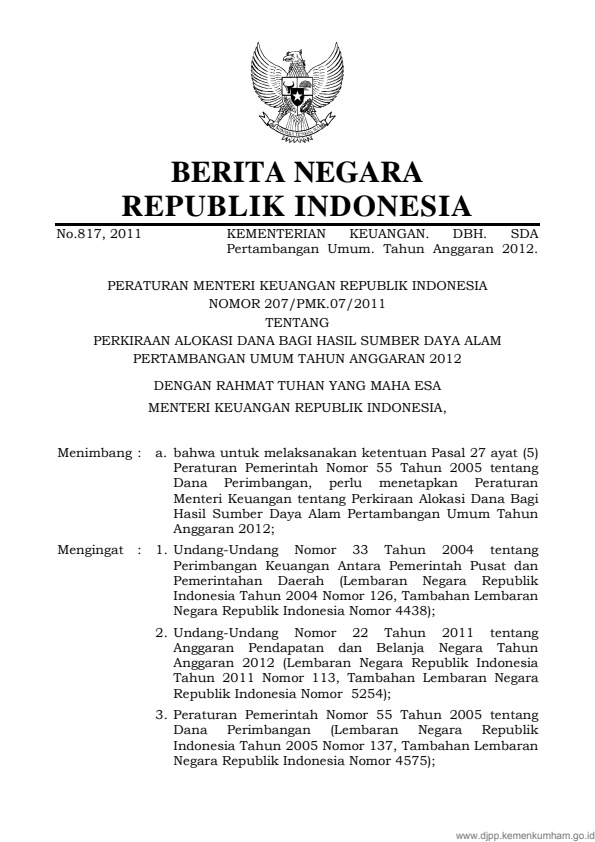 Peraturan Menteri Keuangan Nomor 207/PMK.07/2011