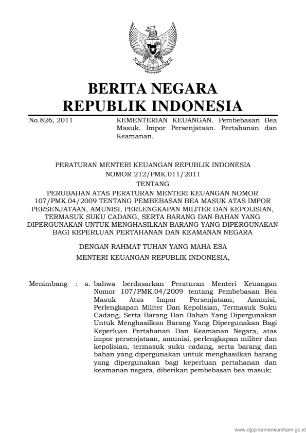 Peraturan Menteri Keuangan Nomor 212/PMK.011/2011