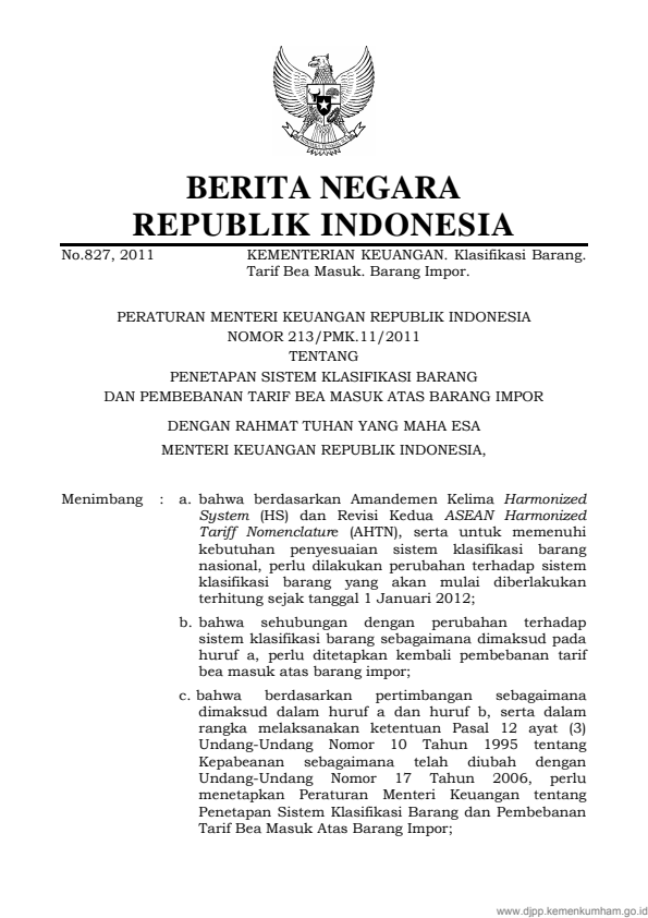 Peraturan Menteri Keuangan Nomor 213/PMK.011/2011