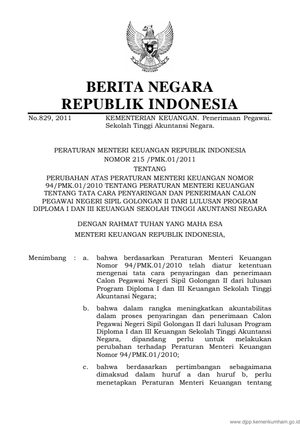 Peraturan Menteri Keuangan Nomor 215/PMK.01/2011