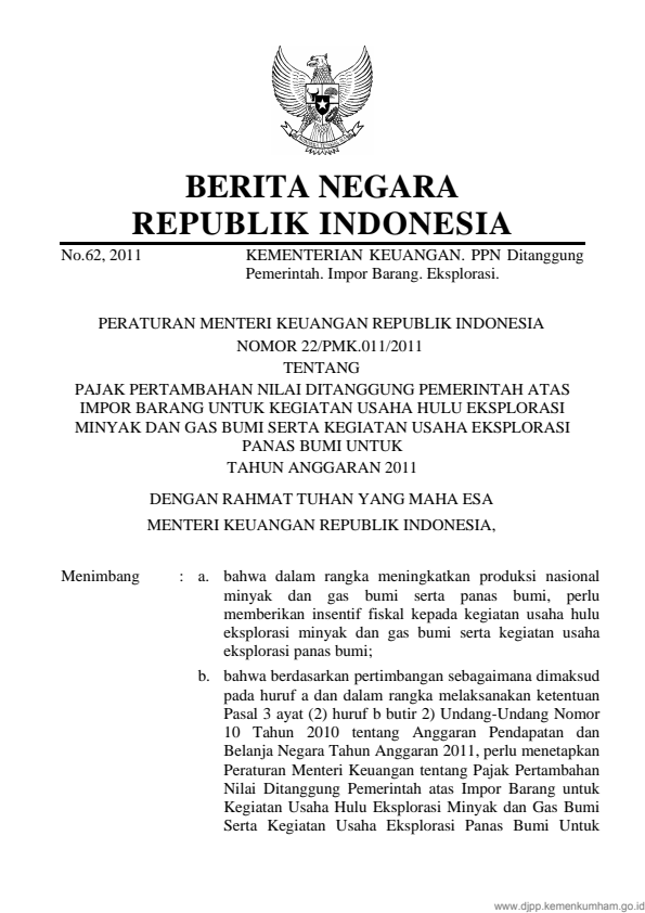 Peraturan Menteri Keuangan Nomor 22/PMK.011/2011