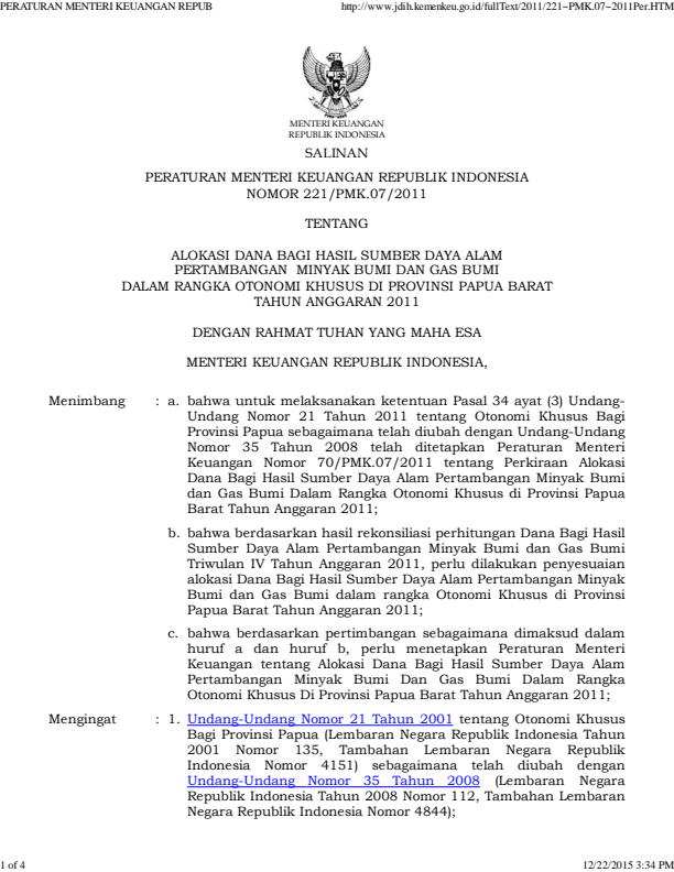 Peraturan Menteri Keuangan Nomor 221/PMK.07/2011