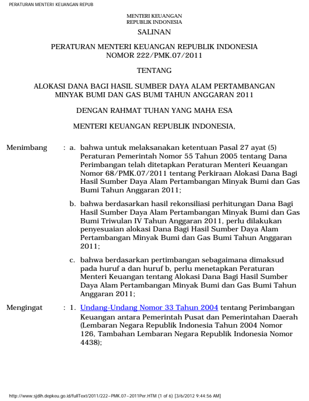 Peraturan Menteri Keuangan Nomor 222/PMK.07/2011