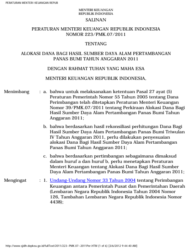 Peraturan Menteri Keuangan Nomor 223/PMK.07/2011