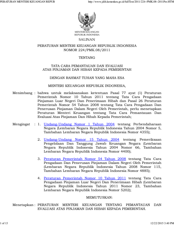 Peraturan Menteri Keuangan Nomor 224/PMK.08/2011