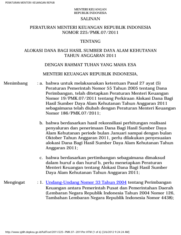 Peraturan Menteri Keuangan Nomor 225/PMK.07/2011