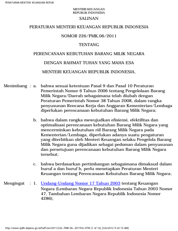 Peraturan Menteri Keuangan Nomor 226/PMK.06/2011